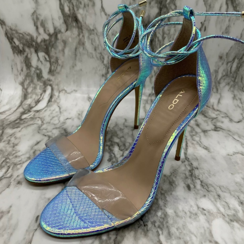 ALDO Womens Blue Holographic Mermaid VAYCIA Ankle Strap Stiletto Heels (New)